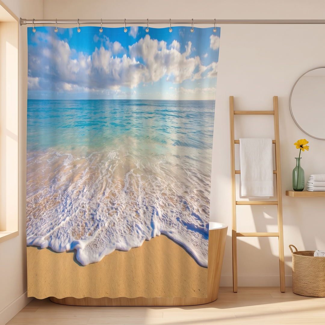 Beach Shower Curtain – Seaside Photo Prints in Blue – Ocean Waves – hanging beside a wooden towel ladder and round mirror