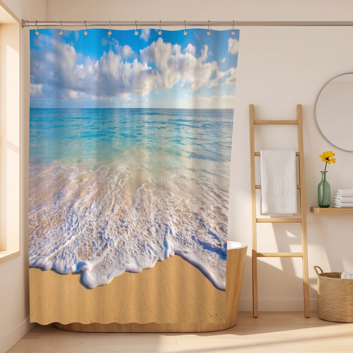 Beach Shower Curtain – Seaside Photo Prints in Blue – Ocean Waves – hanging beside a wooden towel ladder and round mirror
