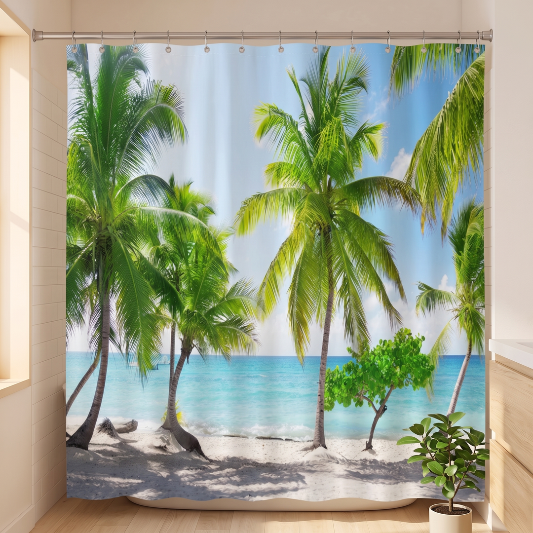 Beach Shower Curtain – Seaside Photo Prints in Green – Palm Trees – straight-on view hanging beside a potted plant on wood flooring