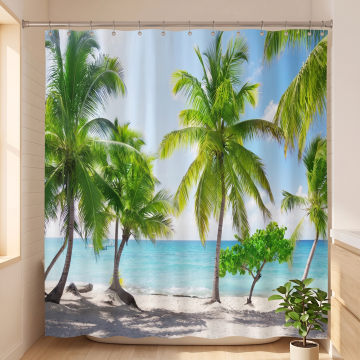 Beach Shower Curtain – Seaside Photo Prints in Green – Palm Trees – straight-on view hanging beside a potted plant on wood flooring