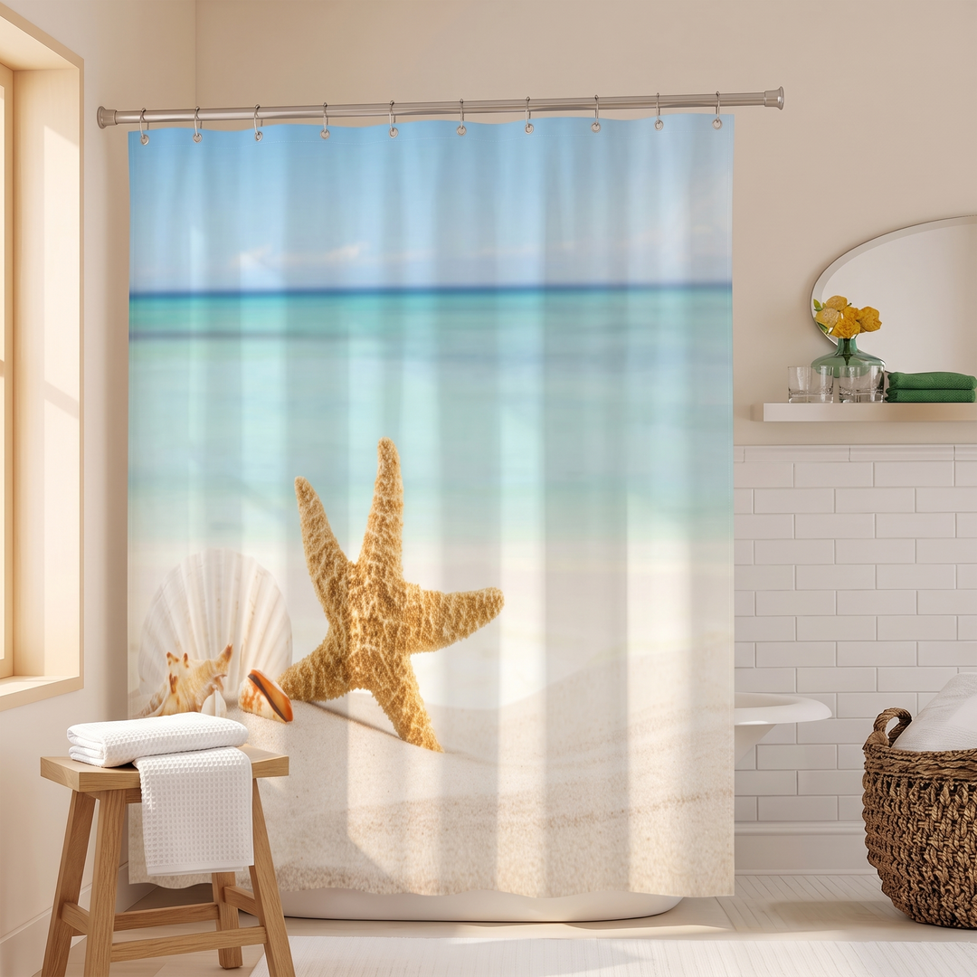 Beach Shower Curtain – Seaside Photo Prints in Sand – Starfish – wide room view with wooden stool, towels and wicker basket