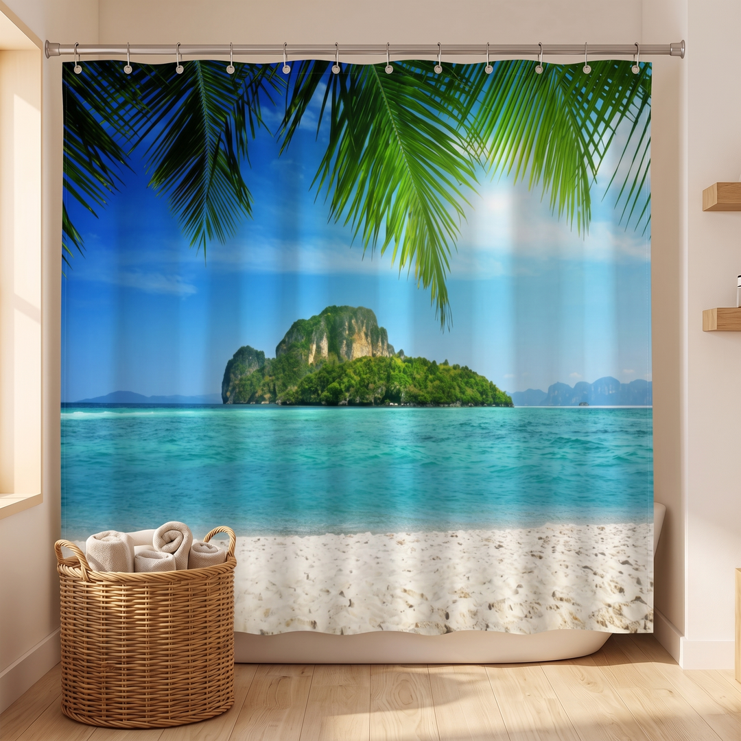 Beach Shower Curtain – Seaside Photo Prints in Turquoise – Tropical Island – palm fronds, island and sandy shore scene on hanging curtain