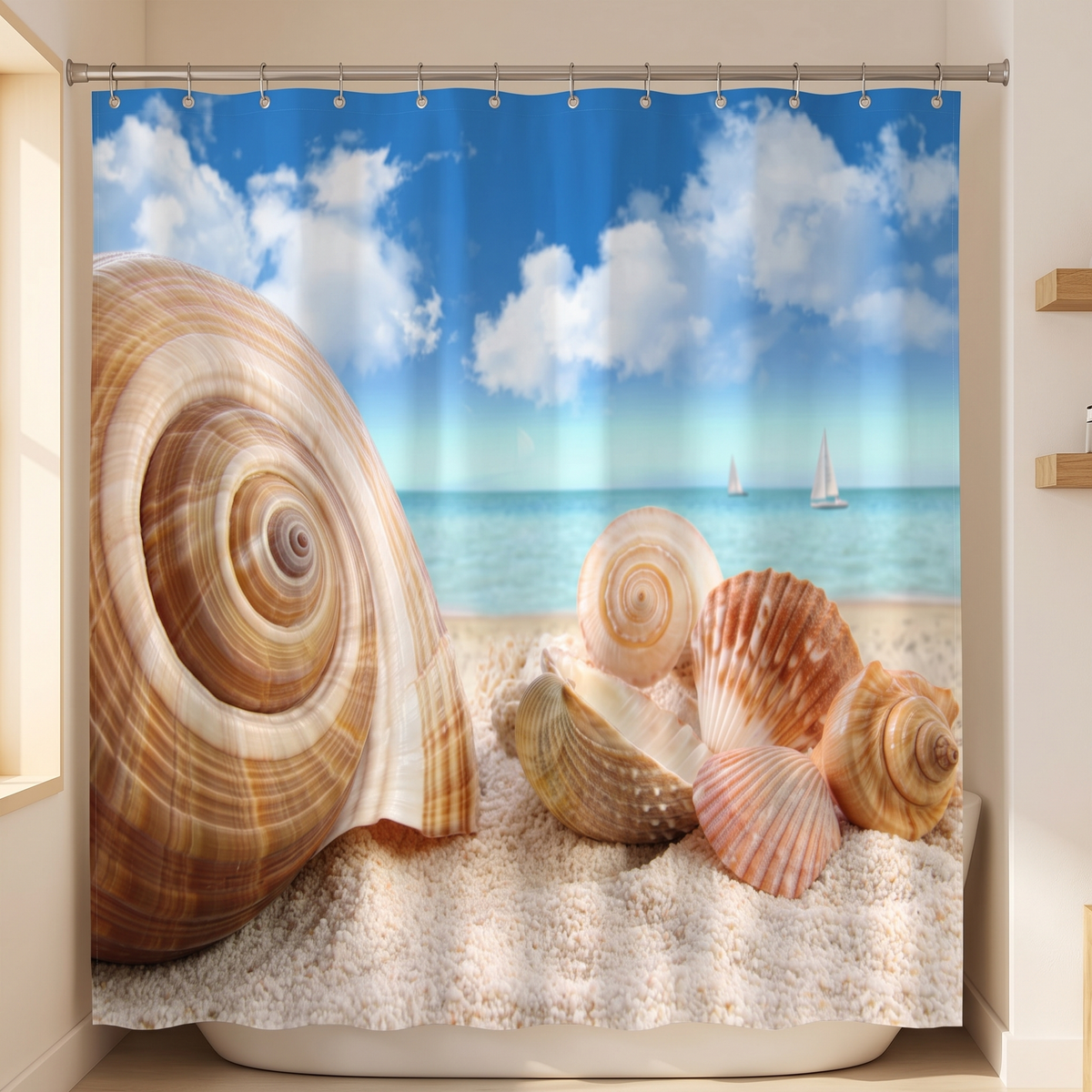 Beach Shower Curtain – Seaside Photo Prints in Sand – Seashells – hanging on a rod over a bathtub in a bright bathroom
