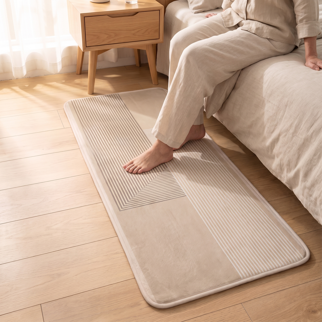Bedroom Runner Rug in Beige – Striped – person seated on bed with bare feet on it