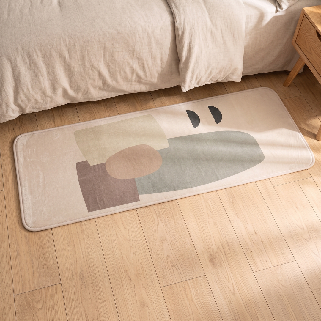 Bedroom Runner Rug in Beige – Abstract – full runner from above in warm sunlight with bedding edge