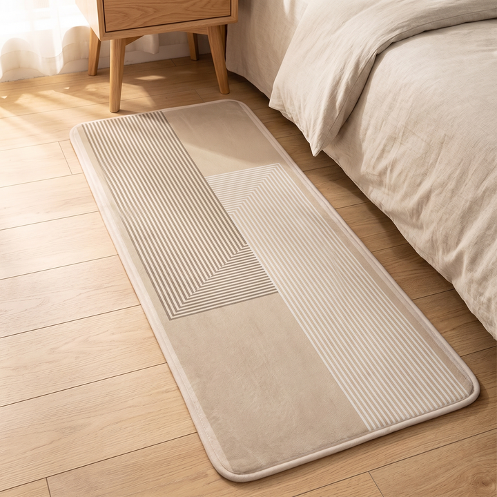 Bedroom Runner Rug in Beige – Striped – on a wood floor beside a bed and nightstand