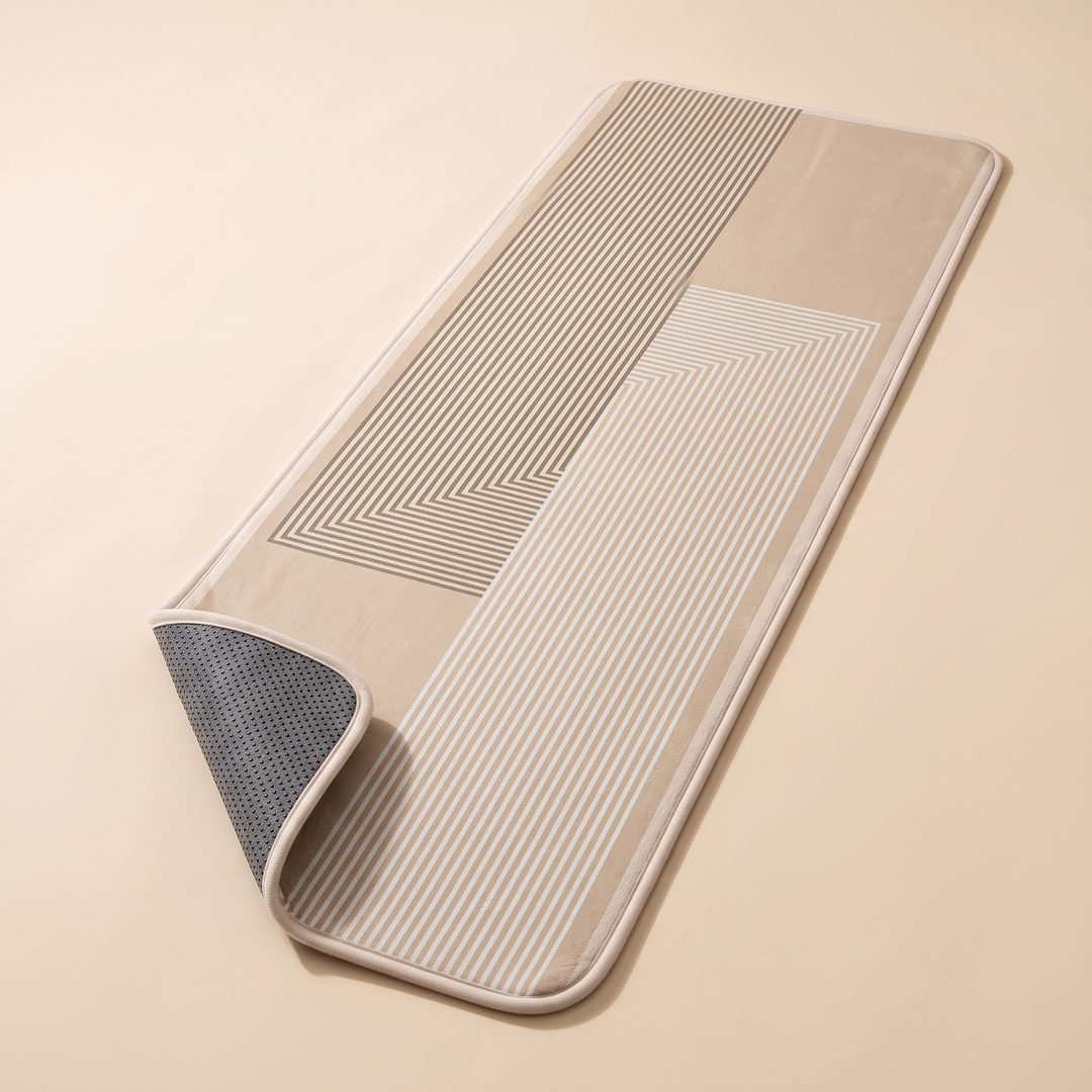 Bedroom Runner Rug in Beige – Striped – flat on a plain cream background with one corner folded over showing the non-slip backing