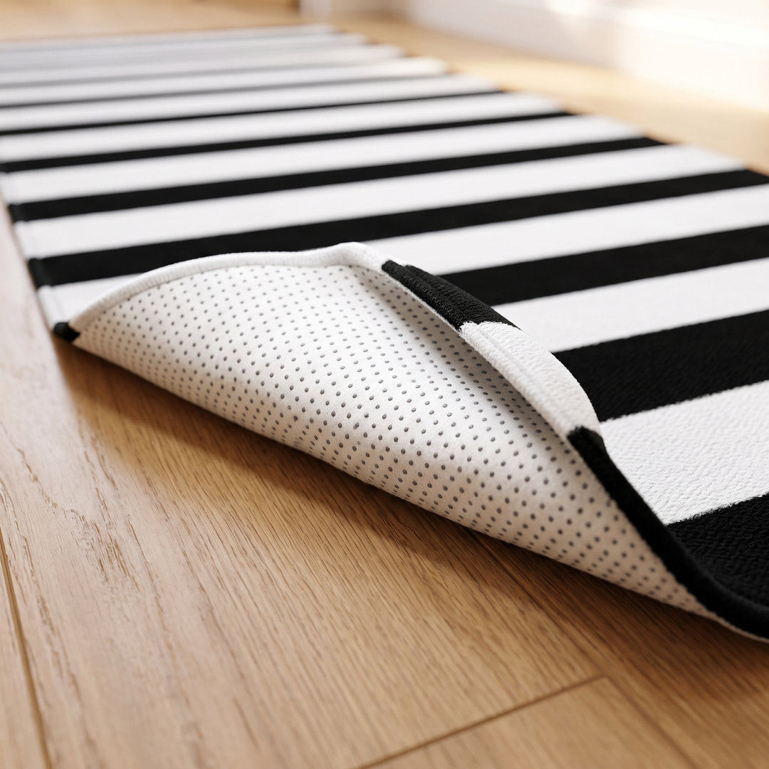 Black and White Runner Rug – Washable in Black &amp; White – Crosswise Stripe – corner curled up showing the dotted non-slip backing