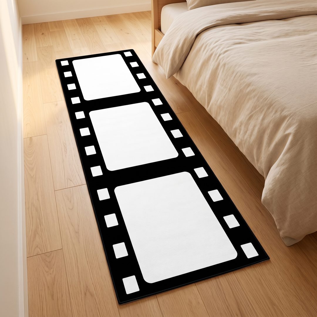 Black and White Runner Rug – Washable in Black &amp; White – Film Strip – beside a bed with beige linen bedding on a light wood floor
