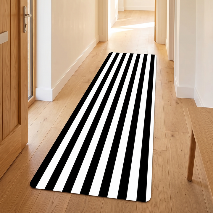 Black and White Runner Rug – Washable in Black &amp; White – Lengthwise Stripe – in an entryway beside a wooden front door and bench