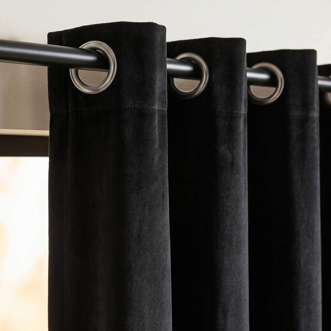 Black Velvet Curtain Panel – Grommet Top in Black – close-up of grommet tops and rings on a rod
