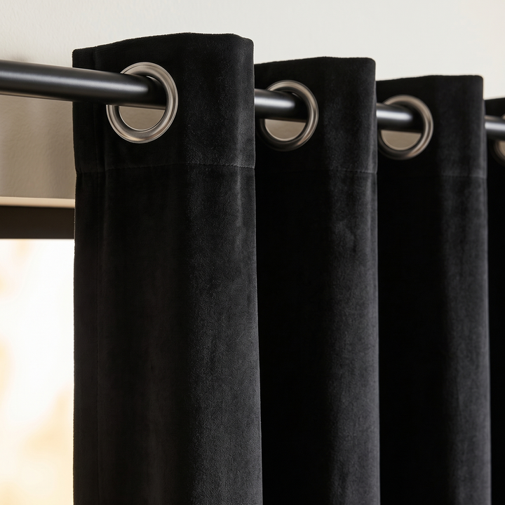 Black Velvet Curtain Panel – Grommet Top in Black – close-up of grommet tops and rings on a rod