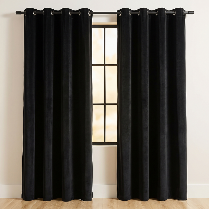 Black Velvet Curtain Panel – Grommet Top in Black – two panels hung on a black rod beside a window