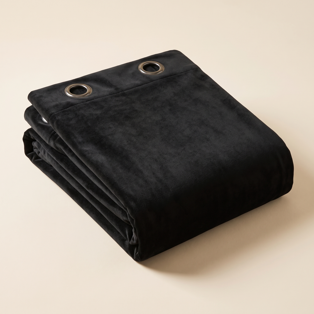 Black Velvet Curtain Panel – Grommet Top in Black – folded neatly with two grommets visible, on a plain beige background