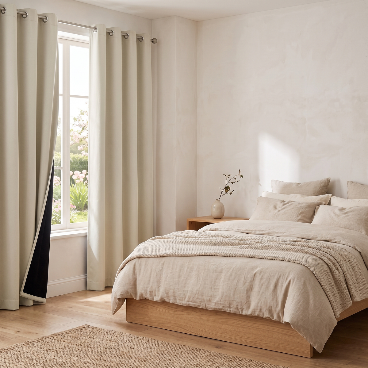Beige blackout curtains with grommet tops at a bedroom window