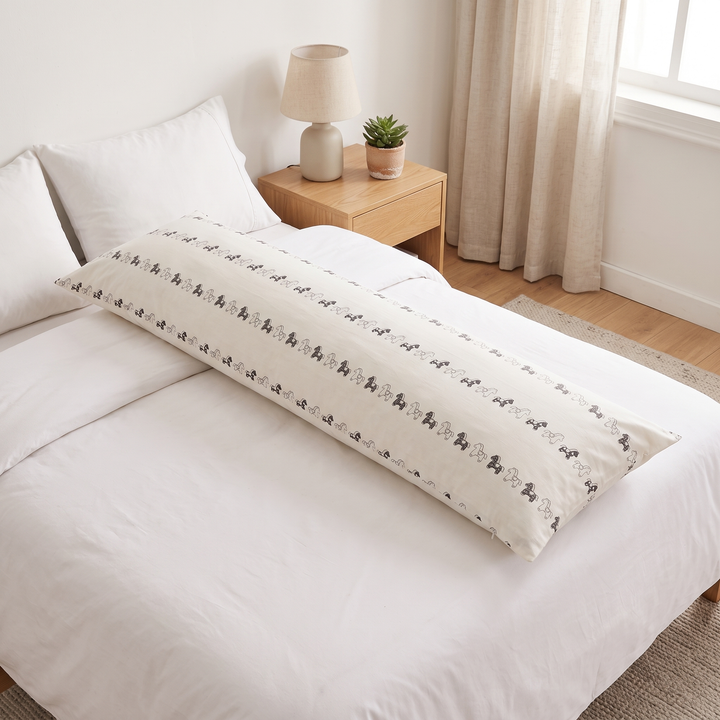 Body Pillowcase – Printed in White Rocking Horse – lying across a made bed beside a wooden nightstand in a bright bedroom