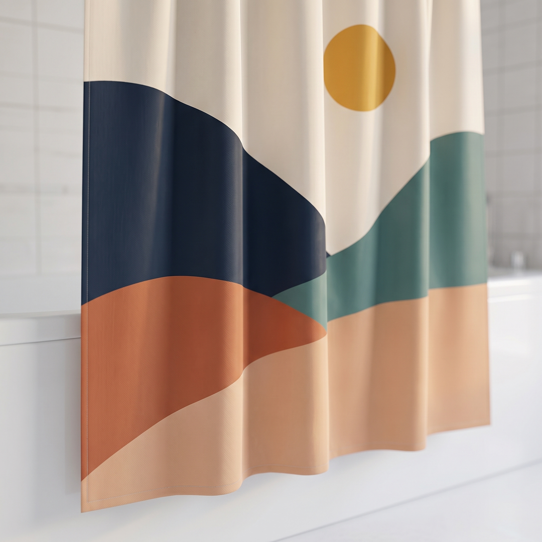 Boho Shower Curtain – Abstract Art in Navy – Mountains – angled close-up of the lower folds beside white tiles