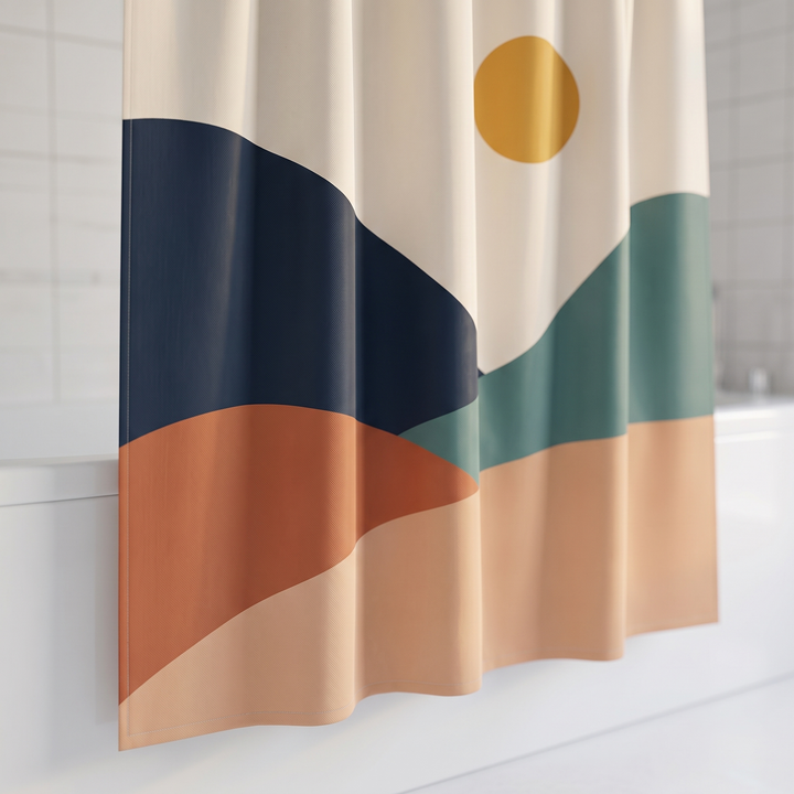 Boho Shower Curtain – Abstract Art in Navy – Mountains – angled close-up of the lower folds beside white tiles
