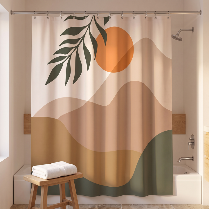 Boho Shower Curtain – Abstract Art in Sand – Mountains &amp; Leaf – straight-on full view with folded towel on wooden stool