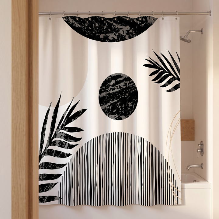 Boho Shower Curtain – Abstract Art in White – Marble Sun &amp; Palm – seen through an open wooden doorway beside the showerhead