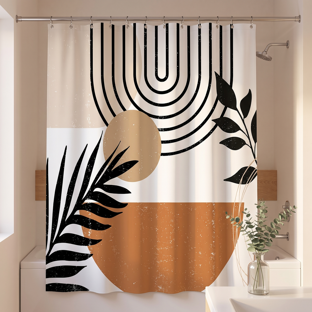 Boho Shower Curtain – Abstract Art in White – Rainbow Arch – behind a glass vase of eucalyptus on a vanity