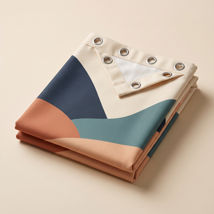 Boho Shower Curtain – Abstract Art in Navy – Mountains – folded neatly with one corner turned back to show metal grommets