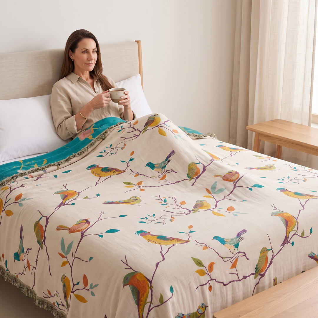 Boho Bird Bedspread – Reversible Gauze with Fringe in Cream – Songbirds – covering a woman sitting up in bed holding a mug
