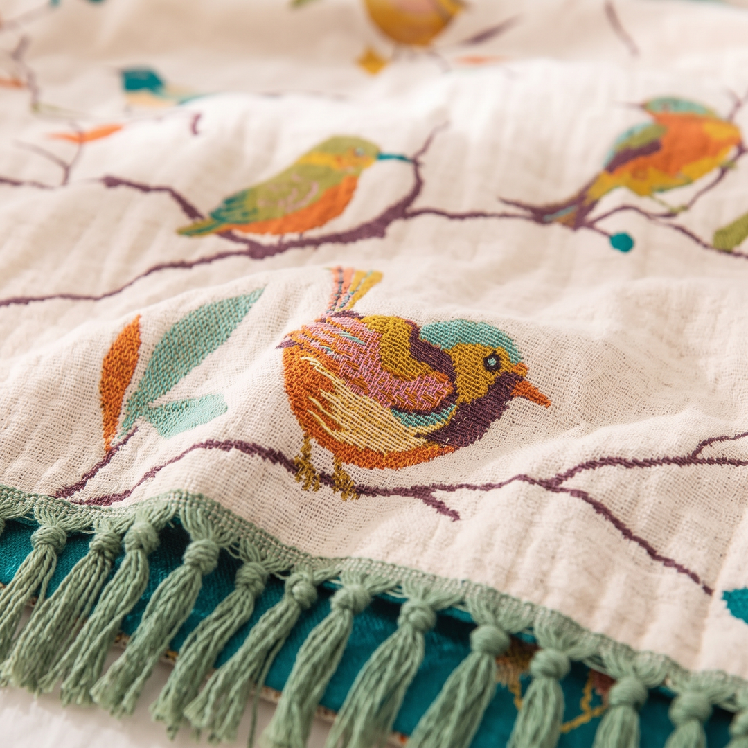 Boho Bird Bedspread – Reversible Gauze with Fringe in Cream – Songbirds – close-up of woven bird motifs and green tassel fringe