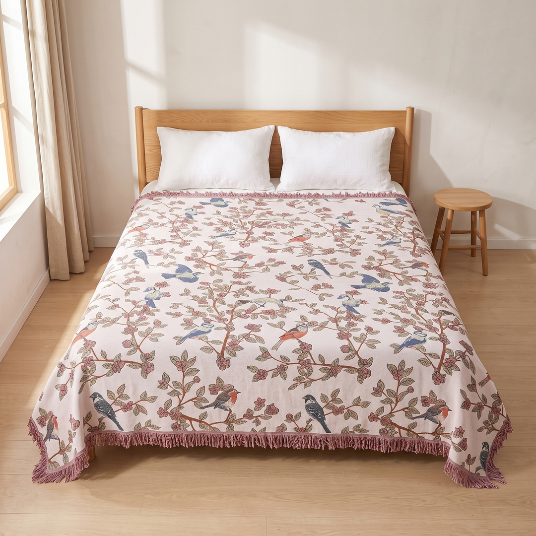 Boho Bird Bedspread – Reversible Gauze with Fringe in Blush – Blossom Birds – top-down view on a wood-framed bed with white pillows