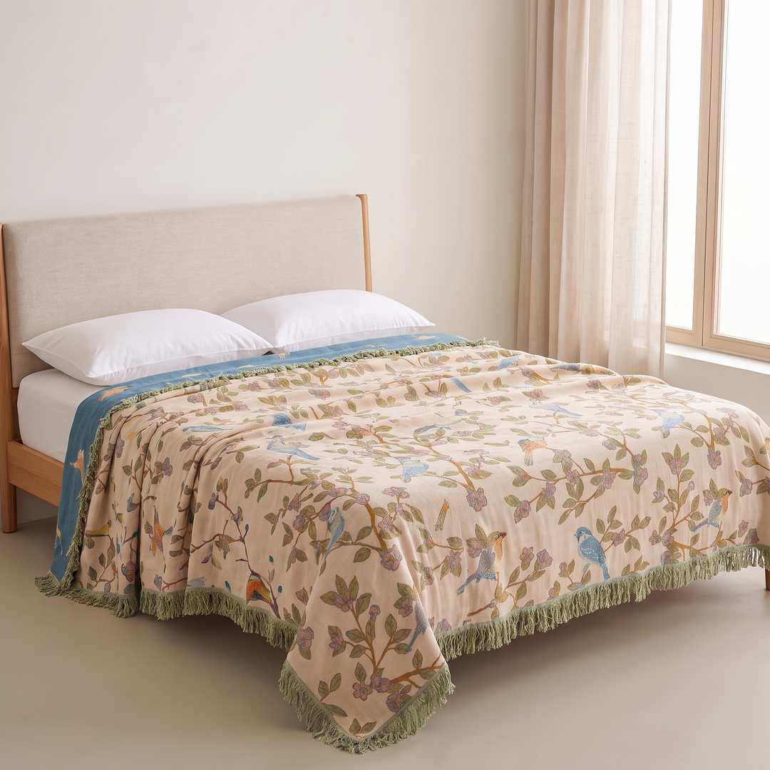Boho Bird Bedspread – Reversible Gauze with Fringe in Oat – Leafy Birds – folded back to show blue reverse on bed