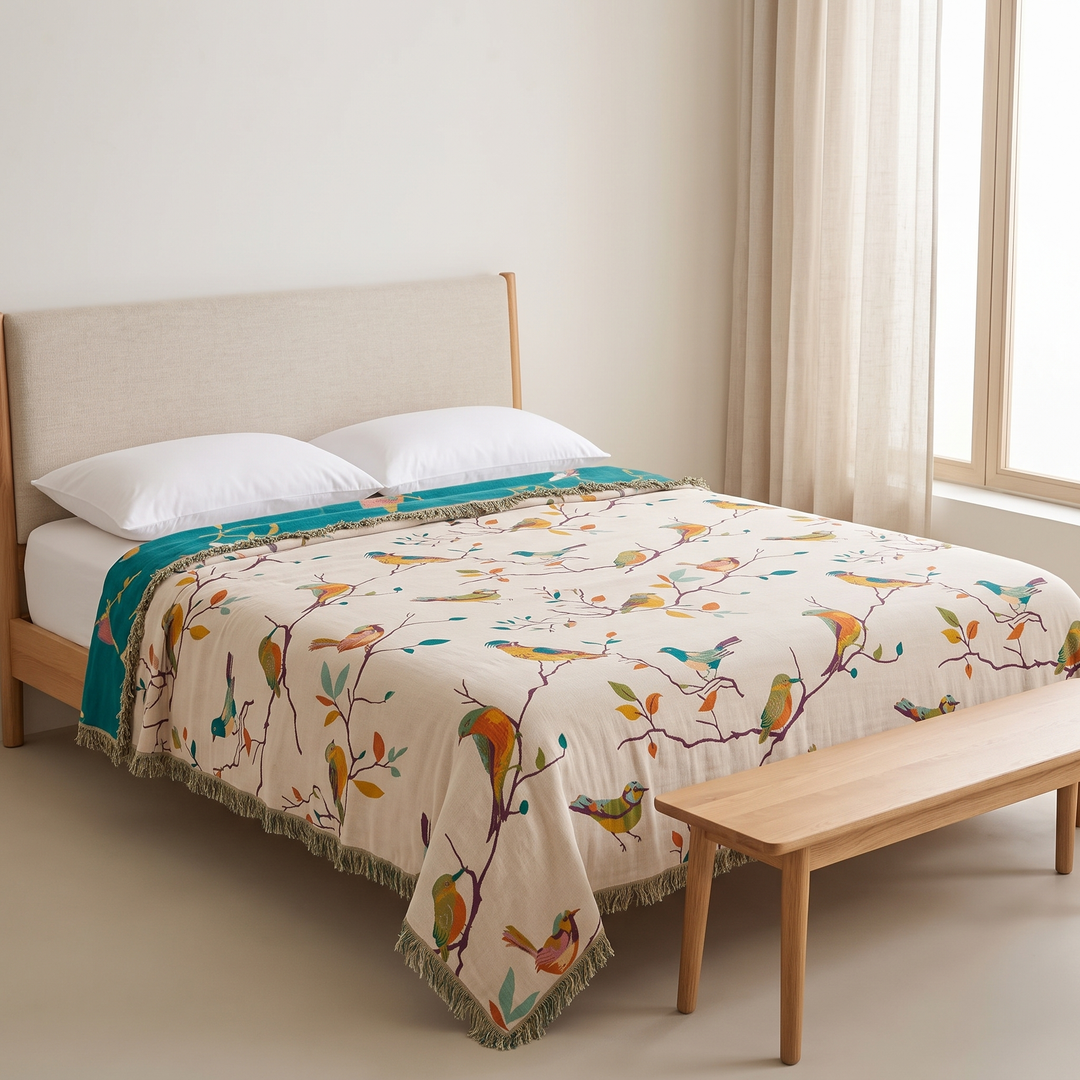 Boho Bird Bedspread – Reversible Gauze with Fringe in Cream – Songbirds – spread over a made bed with a wooden bench nearby