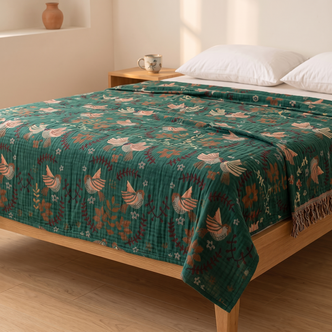 Boho Cotton Muslin Bedspread with Tassels in Dark Green – Bird – angled view in a sunlit room with terracotta vase