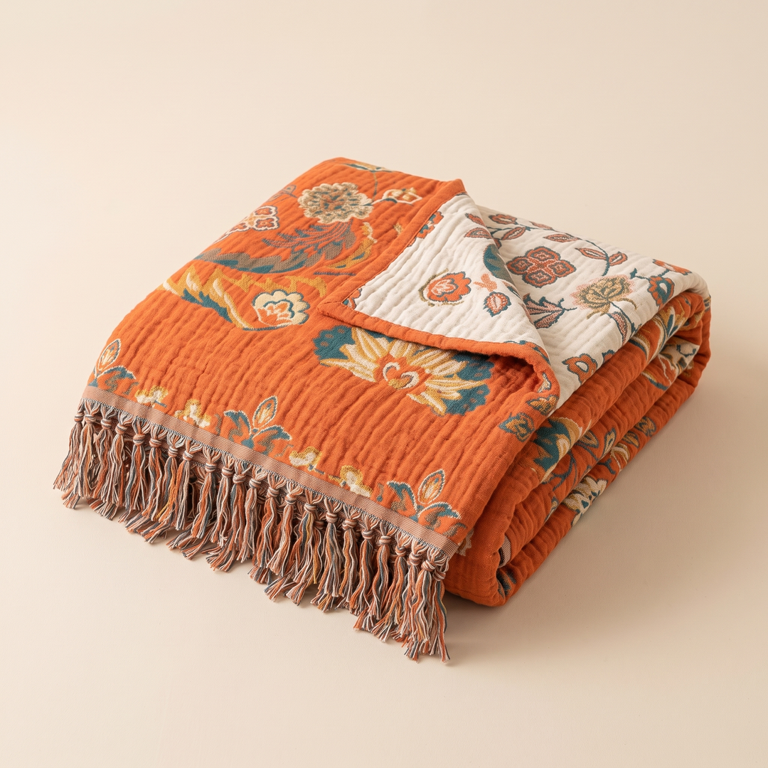 Boho Cotton Muslin Bedspread with Tassels in Orange – Floral – folded neatly with reverse side showing, on plain beige background