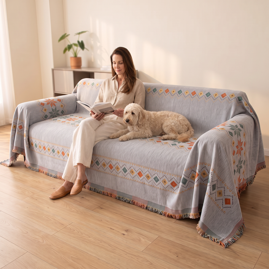 Boho Chenille Couch Cover with Fringe in Gray – woman reading with a fluffy dog on the covered sofa