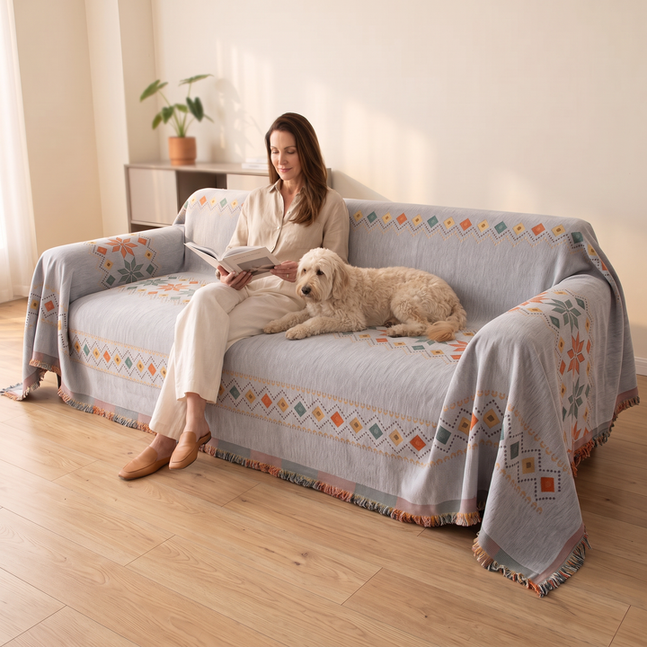 Boho Chenille Couch Cover with Fringe in Gray – woman reading with a fluffy dog on the covered sofa