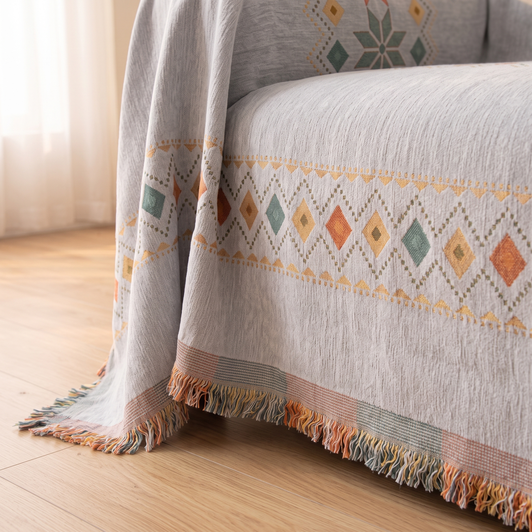 Boho Chenille Couch Cover with Fringe in Gray – close-up of geometric diamond pattern and fringed hem over sofa seat