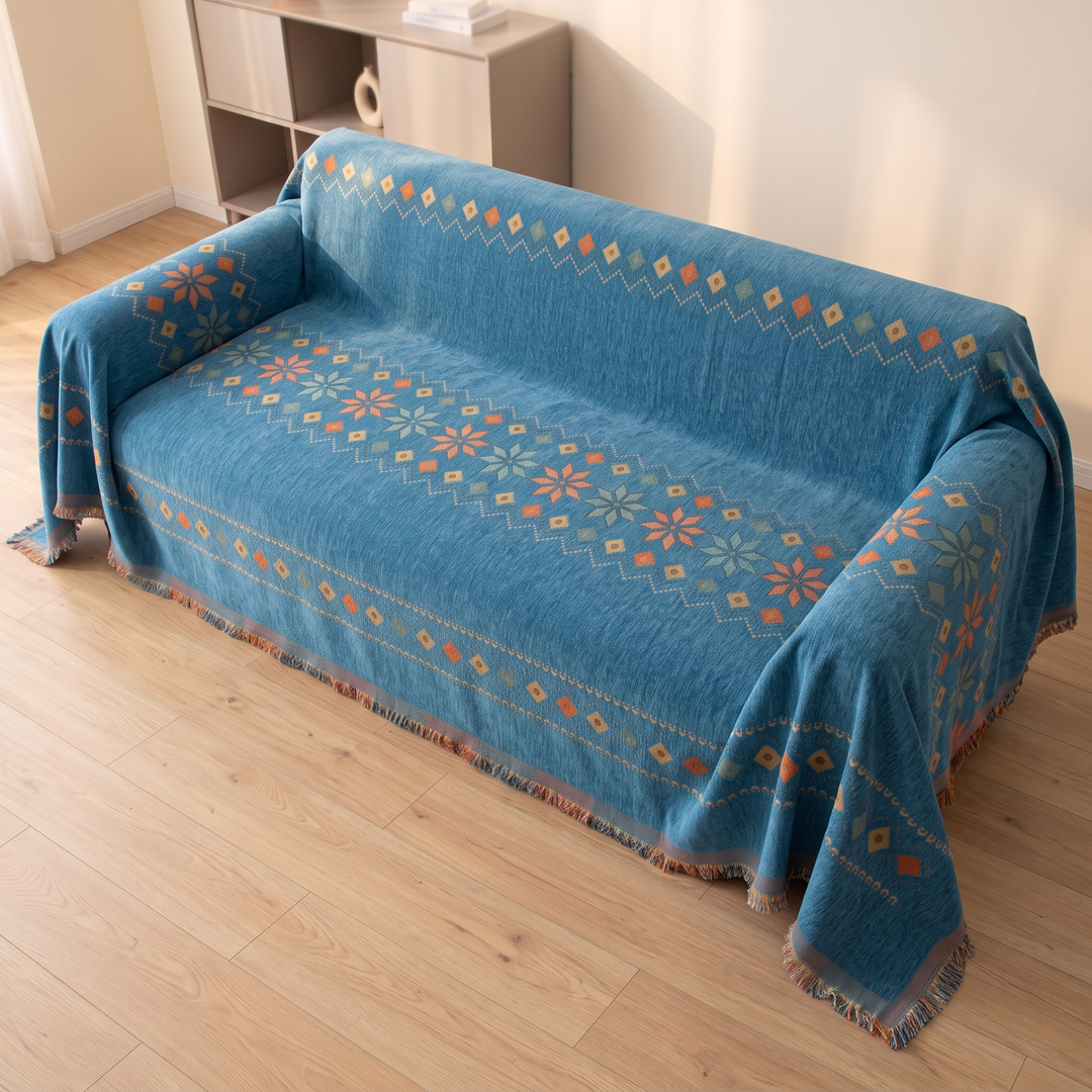 Boho Chenille Couch Cover with Fringe in Blue – high-angle view of fully covered sofa, fringe resting on floor