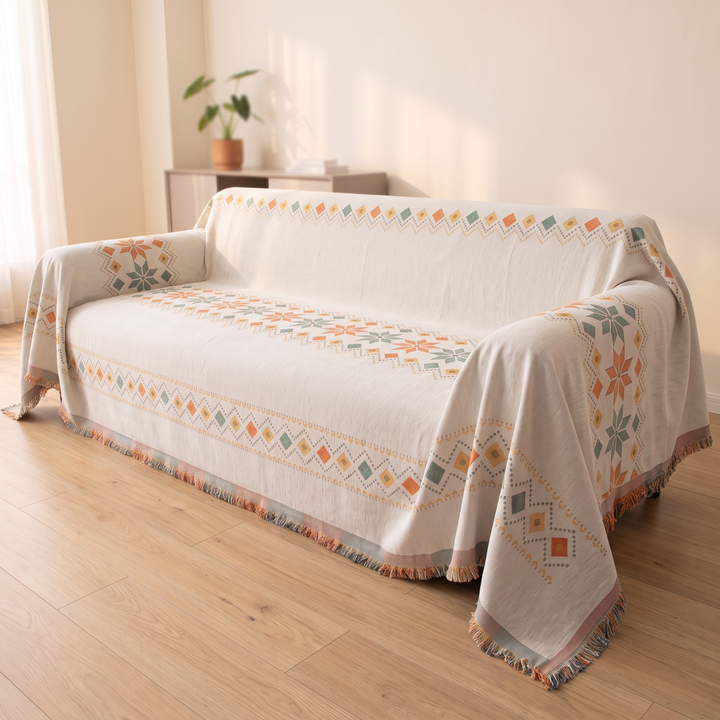 Boho Chenille Couch Cover with Fringe in Cream – angled side view over backrest, seat and armrest, wood floor