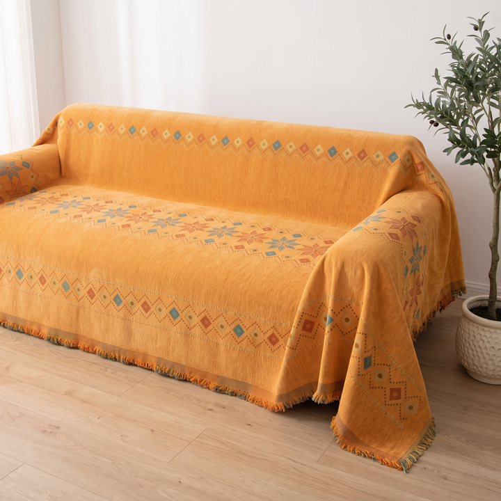 Boho Chenille Couch Cover with Fringe in Mustard – covering a sofa near sheer white curtains and olive tree