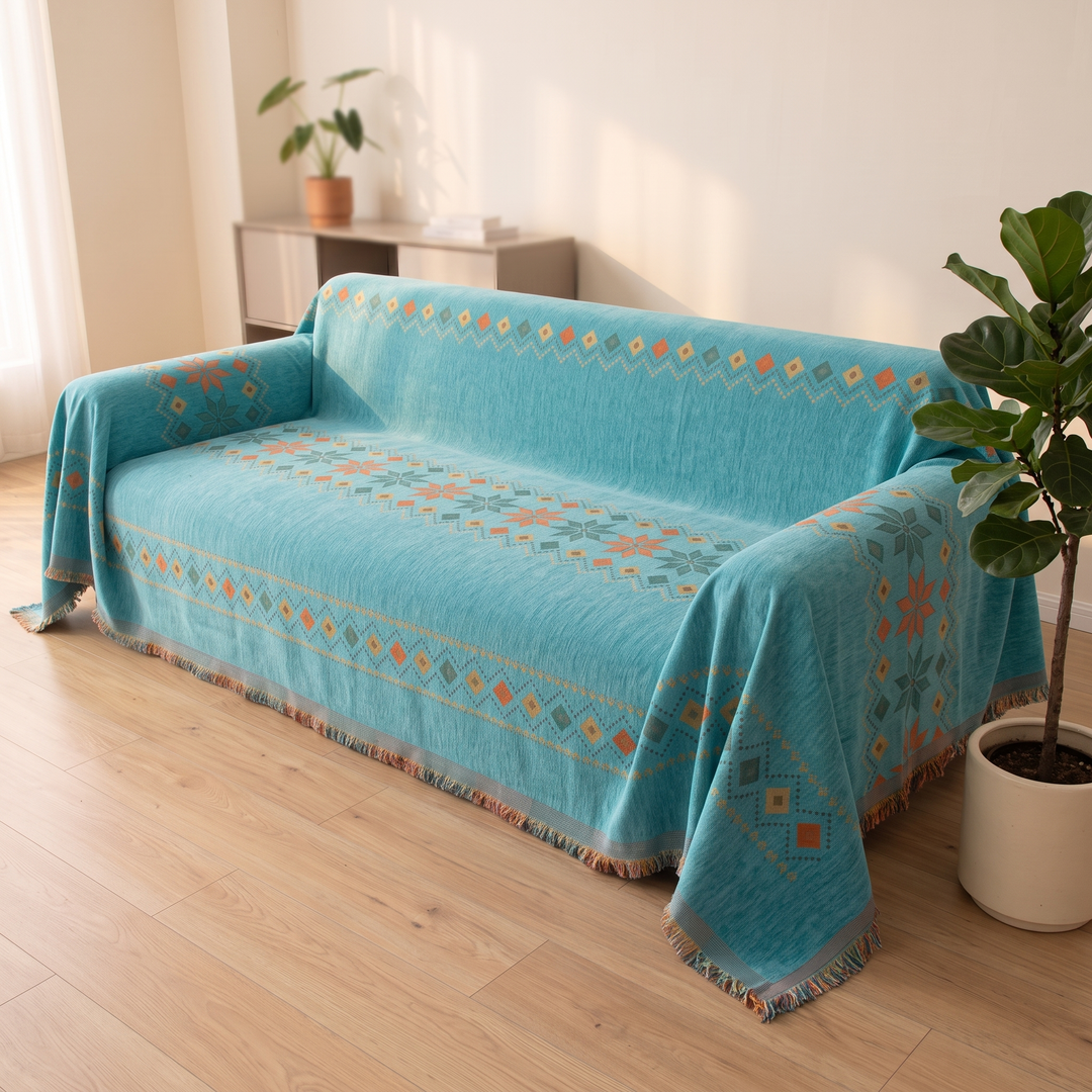 Boho Chenille Couch Cover with Fringe in Turquoise – on sofa beside potted plant and wooden sideboard