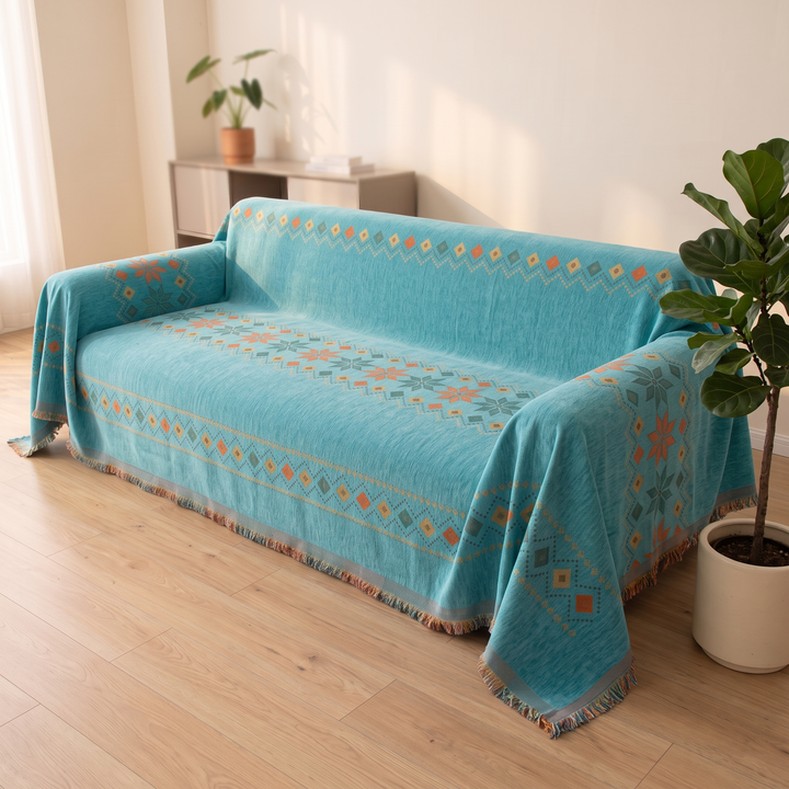 Boho Chenille Couch Cover with Fringe in Turquoise – on sofa beside potted plant and wooden sideboard