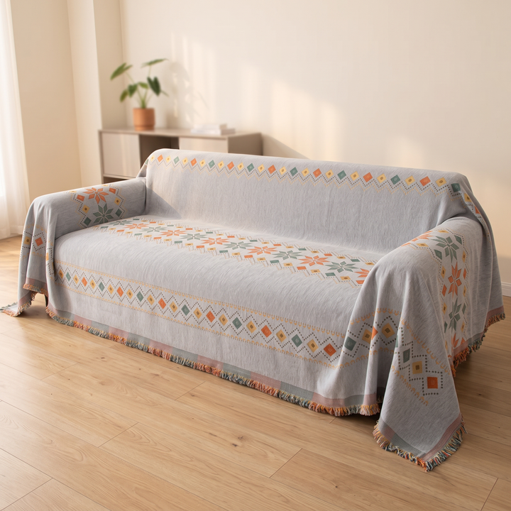 Boho Chenille Couch Cover with Fringe in Gray – draped over a sofa in a sunlit living room