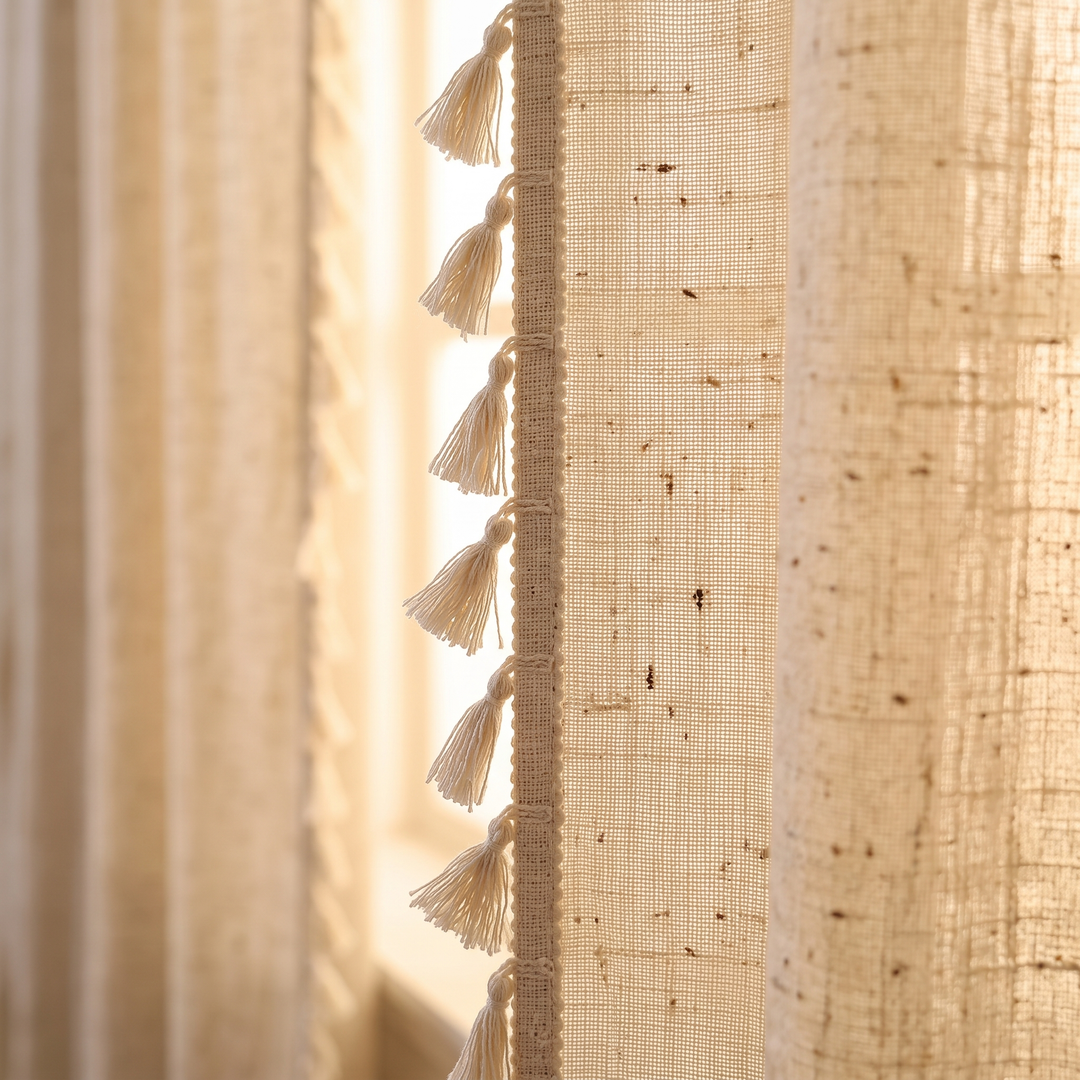 Boho Curtain Panel – Linen Look, Rod Pocket in Oatmeal – Tassel – close-up of tassel trim and loose woven texture by window