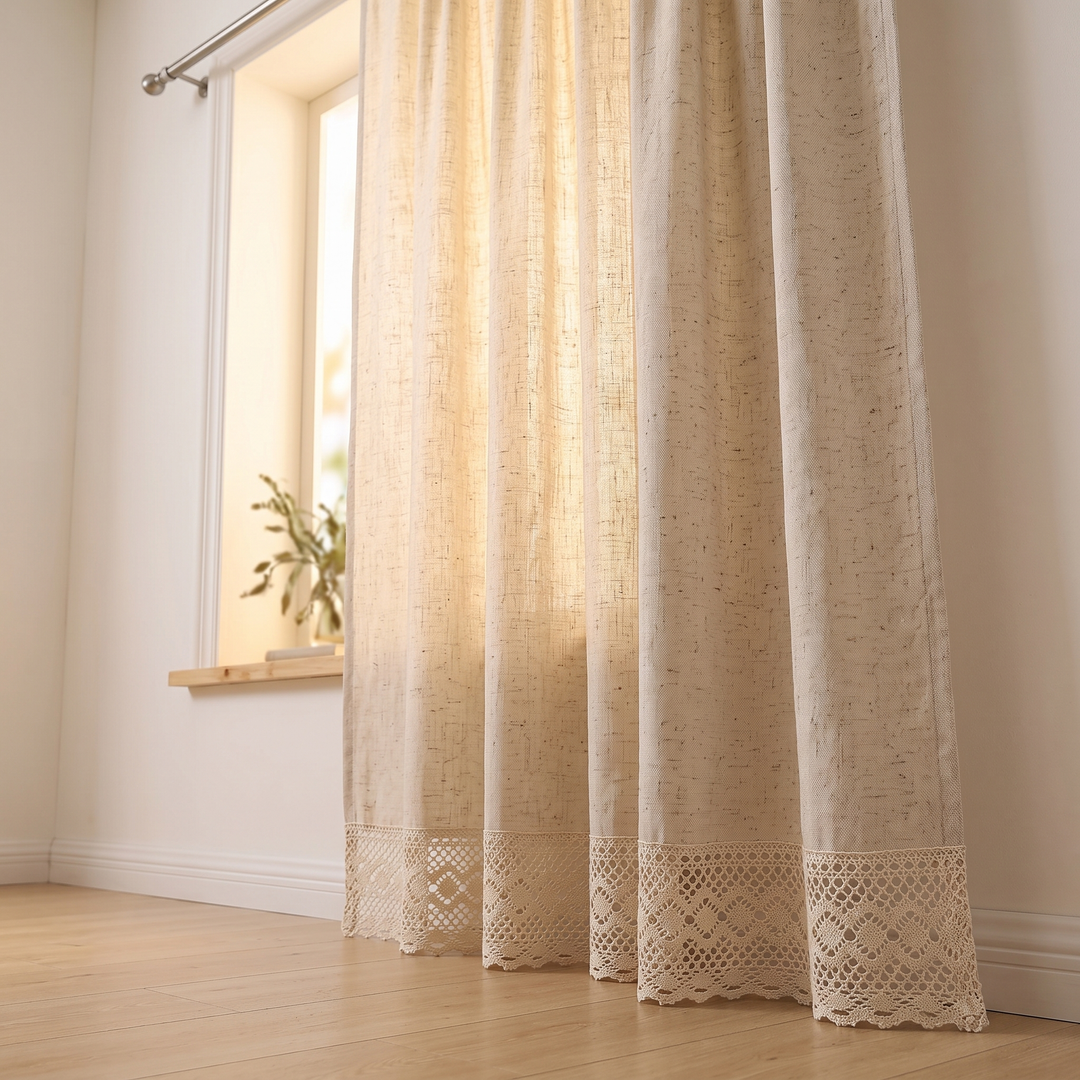 Boho Curtain Panel – Linen Look, Rod Pocket in Oatmeal – Crochet Lace – low angle of hem with crochet lace edging above wood floor