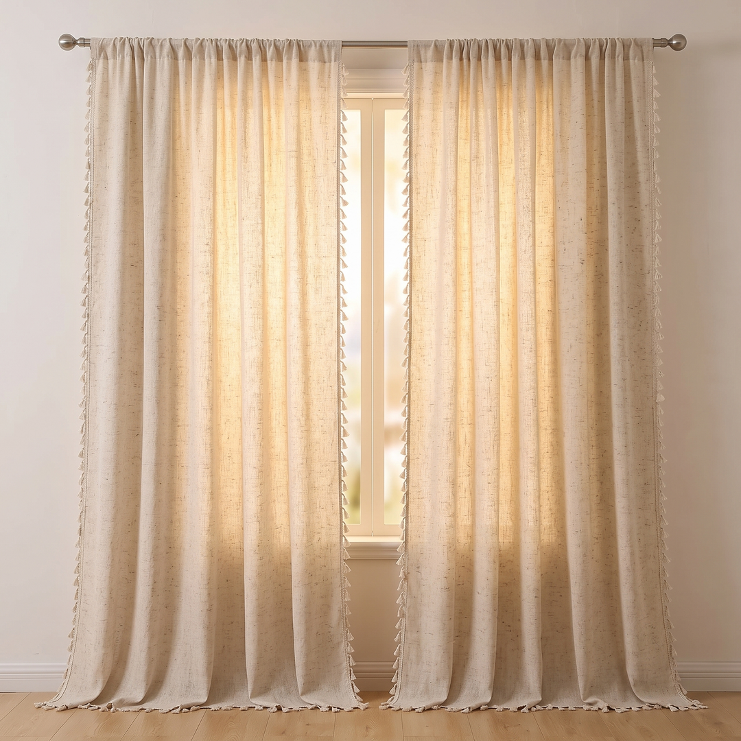 Boho Curtain Panel – Linen Look, Rod Pocket in Oatmeal – Tassel – pair hanging on a rod beside a sunlit window