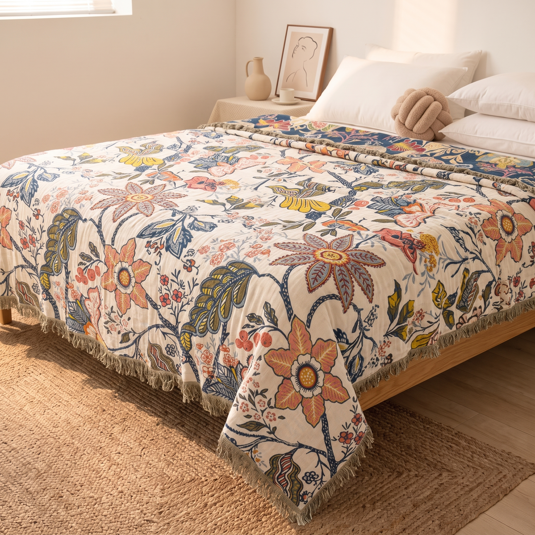 Boho Floral Gauze Bedspread with Fringe in Cream Floral – hanging over the bed side onto a jute rug