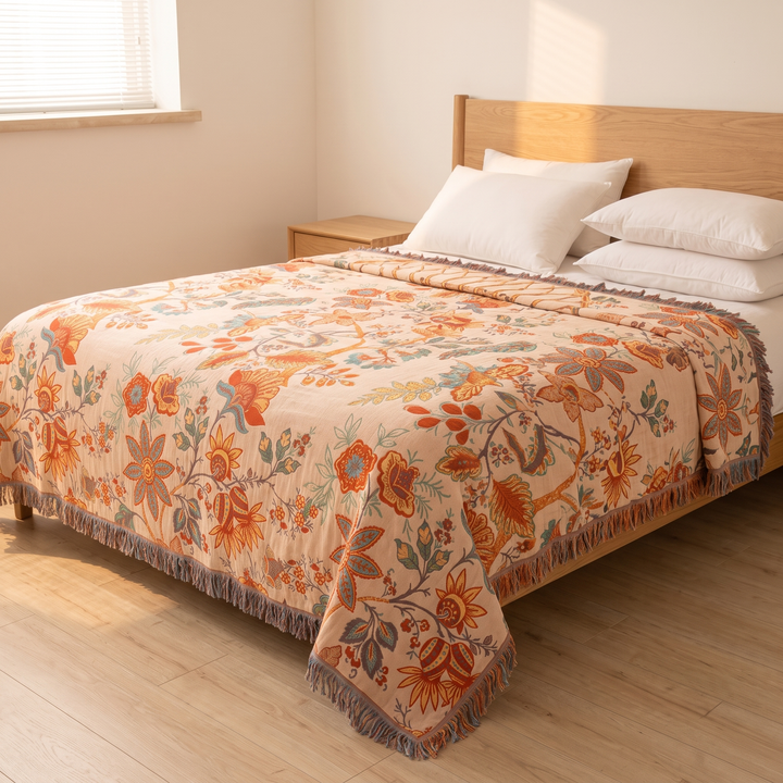 Boho Floral Gauze Bedspread with Fringe in Peach Floral – angled view from bed foot in window sunlight