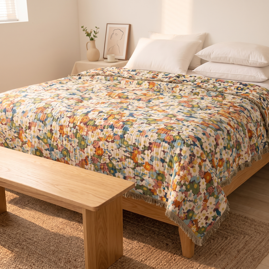 Boho Floral Gauze Bedspread with Fringe in Purple Ditsy Floral – viewed past a wooden bench toward a nightstand