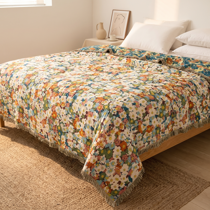Boho Floral Gauze Bedspread with Fringe