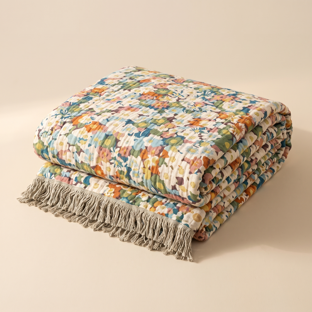 Boho Floral Gauze Bedspread with Fringe in Green Ditsy Floral – folded in a neat stack on a plain beige background